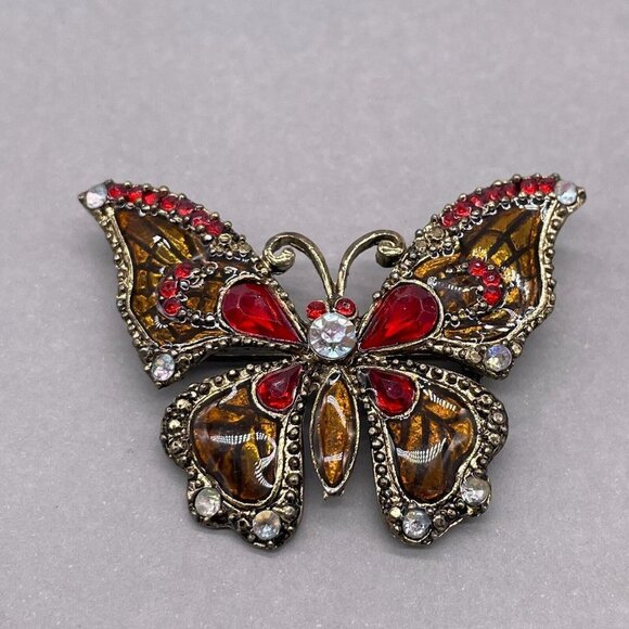 Vintage Red Crystal and Rhinestone Butterfly Brooch Pin Gold Tone - Picture 2 of 5